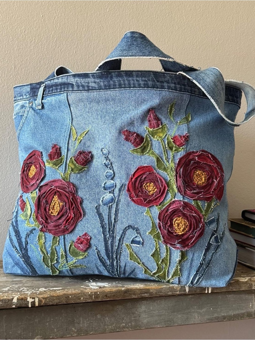 Handcrafted “Rose Garden” Denim Oversized Tote - Picture 15 of 16